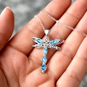 925 Sterling Silver Necklace w/ Dragonfly CZ Blue Aquamarine Women's Boho Gift
